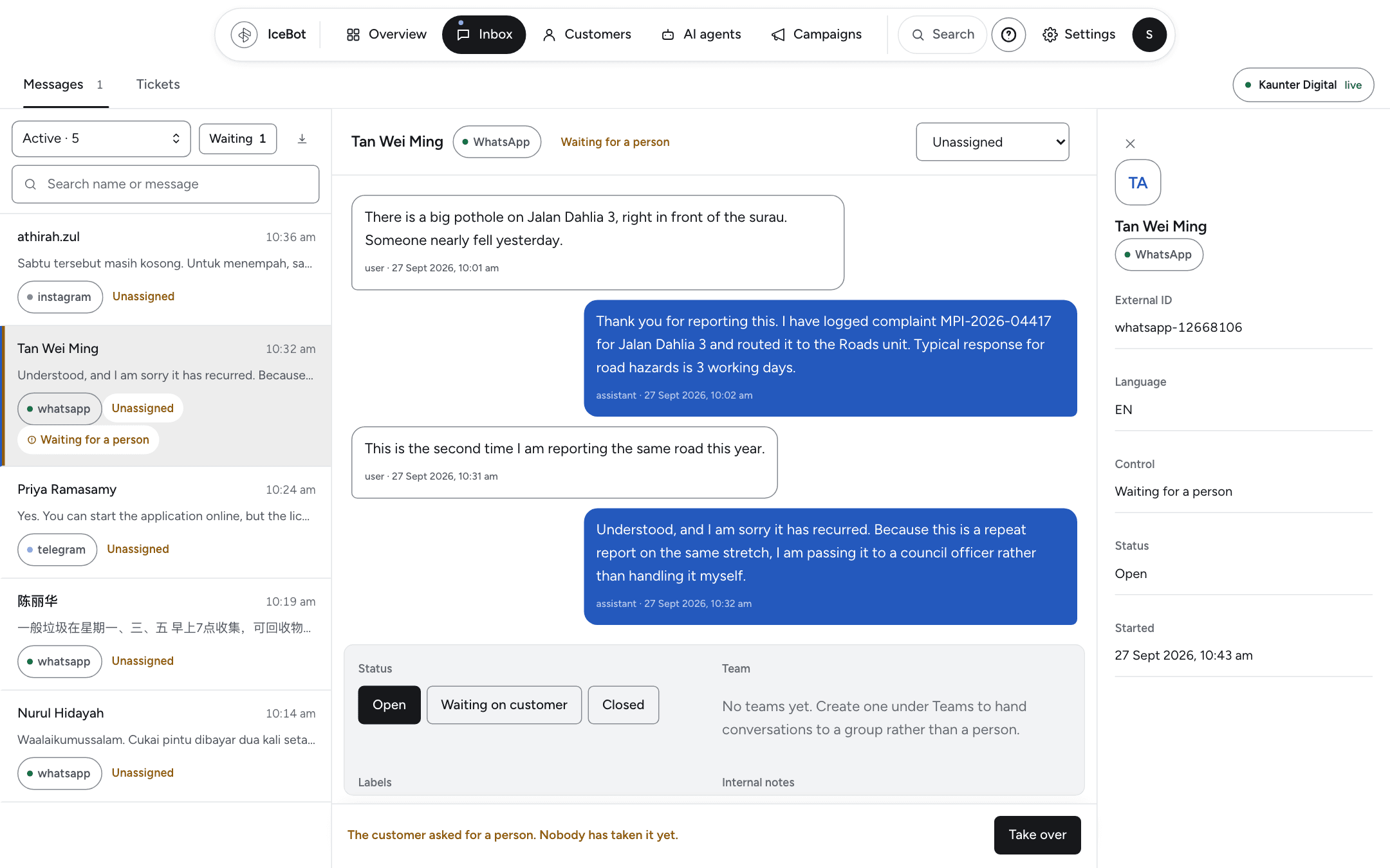 The Floee inbox: five conversations across WhatsApp, Telegram and Instagram in Malay, English and Mandarin. The open thread, a repeat pothole report, is waiting for a person, with a Take over button.
